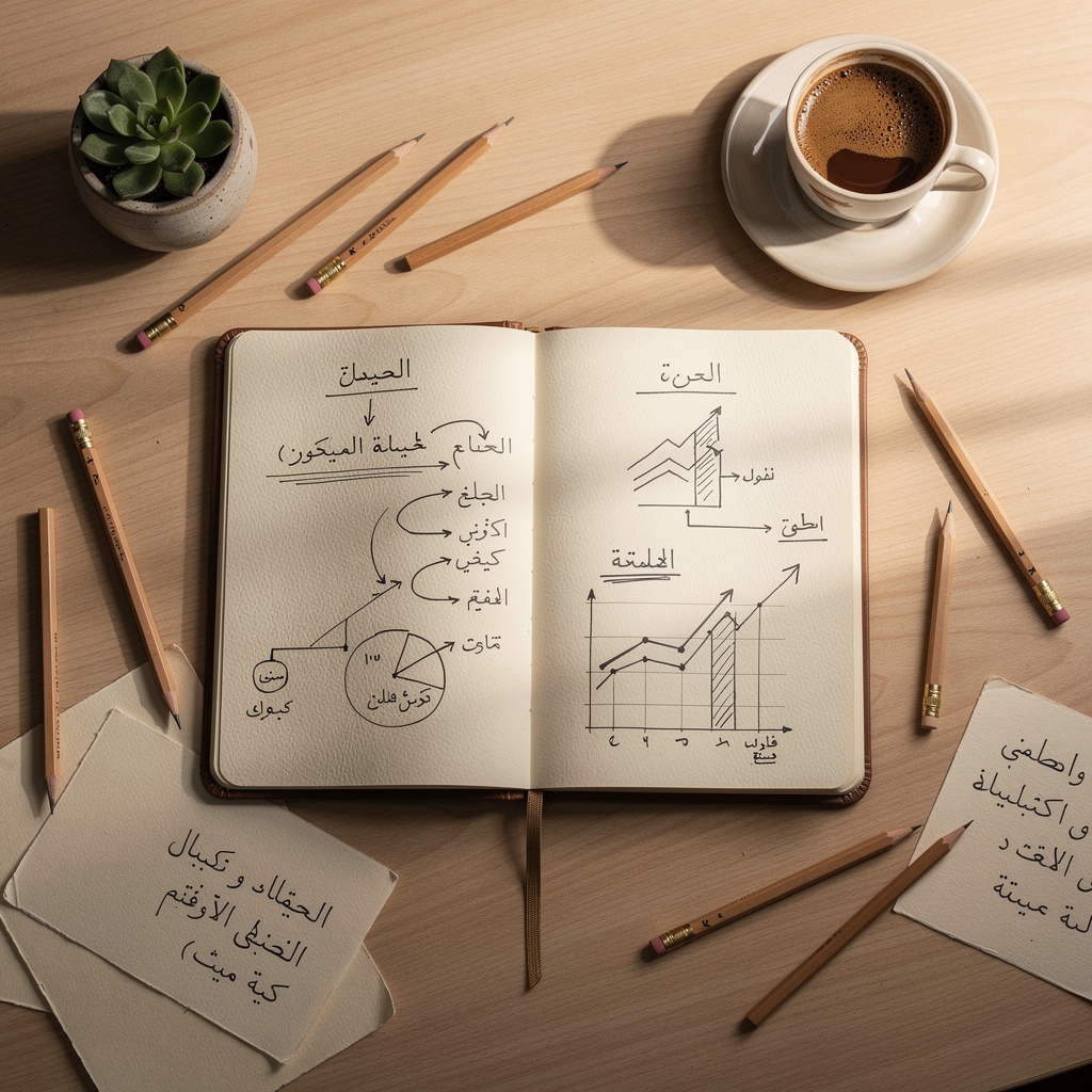 طاولة دراسة مالية بها كتب ومفكرة ومصطلحات مالية